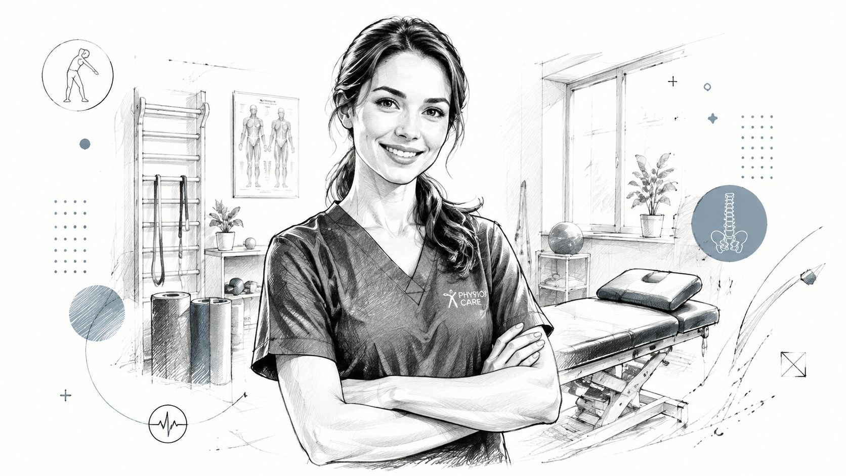 Eine freundliche Physiotherapeutin steht lächelnd in einer modern eingerichteten Praxis mit Therapieliege und medizinischen Trainingsgeräten im Hintergrund.