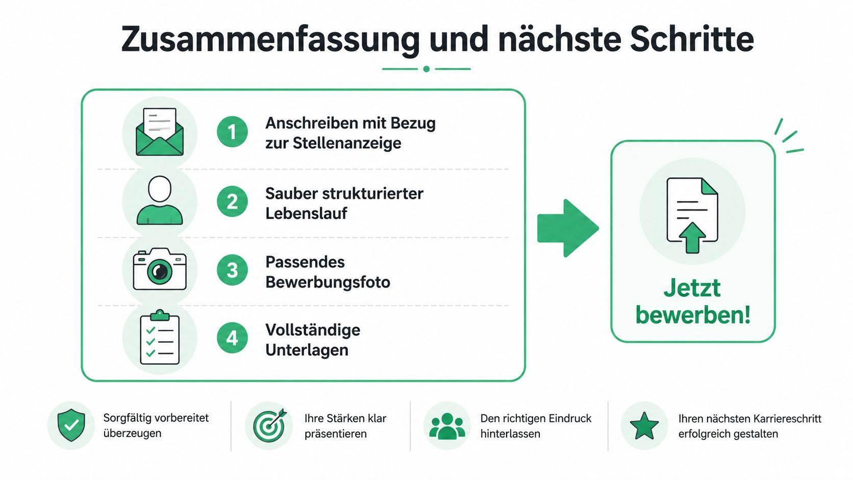 Grafik zur Zusammenfassung für eine erfolgreiche Bewerbung als Maschinen- und Anlagenführer mit vier wichtigen Schritten und Tipps.