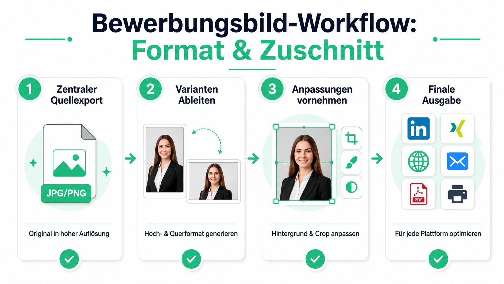 Eine Infografik, die den vierstufigen Workflow zur Optimierung von Bewerbungsfotos in verschiedenen Formaten und Zuschneidungen darstellt.