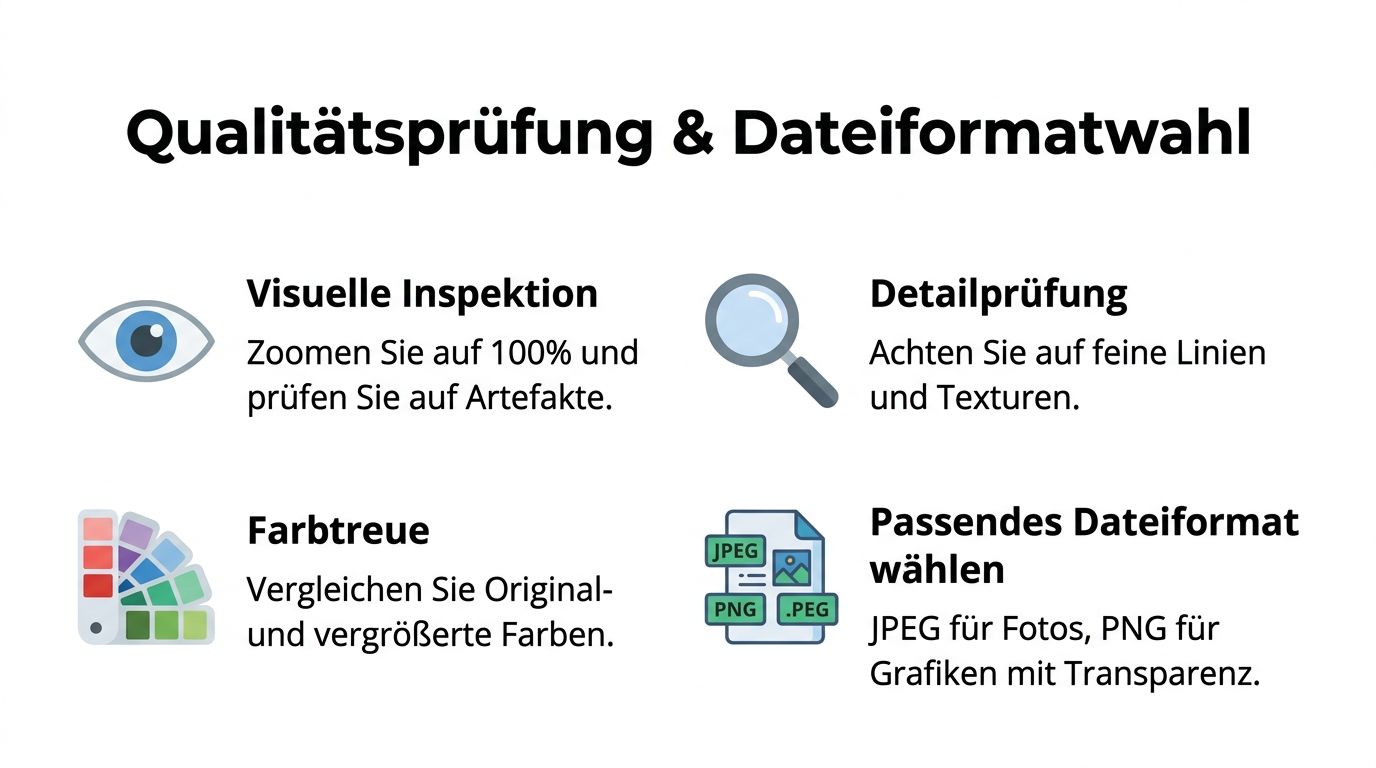 Grafische Darstellung der Schritte zur Qualitätsprüfung und Auswahl des optimalen Dateiformats für skalierte Bilder.