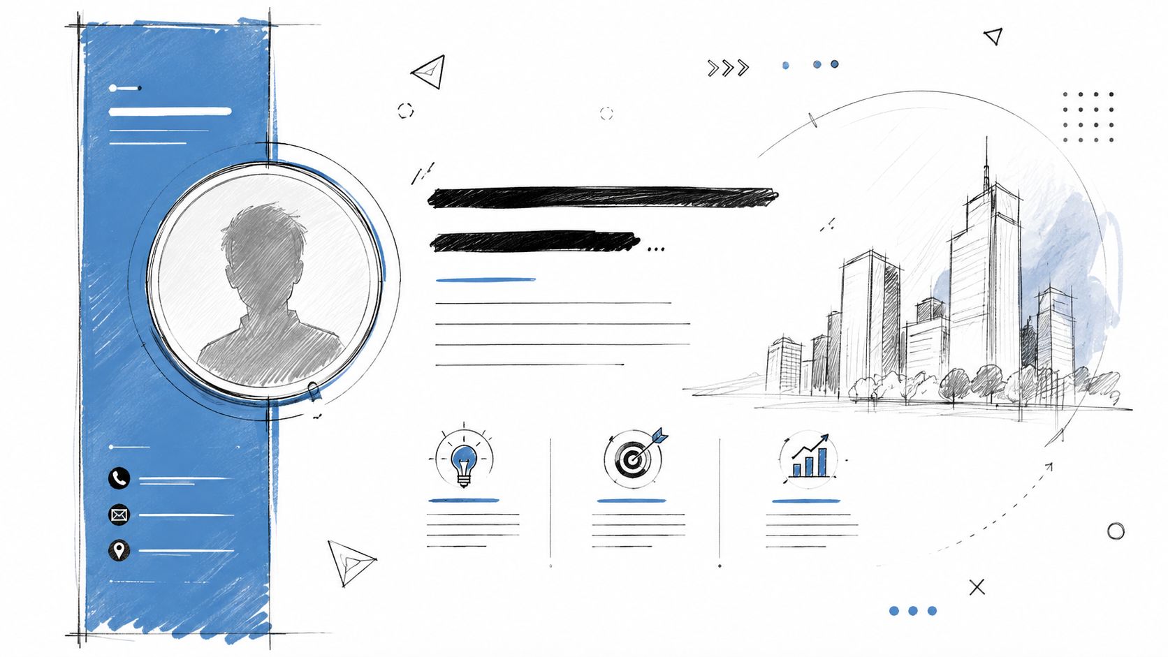 Ein skizziertes Bewerbungsdeckblatt mit einem Platzhalter für ein Profilbild, Kontaktinformationen und einer grafischen Darstellung einer Skyline.