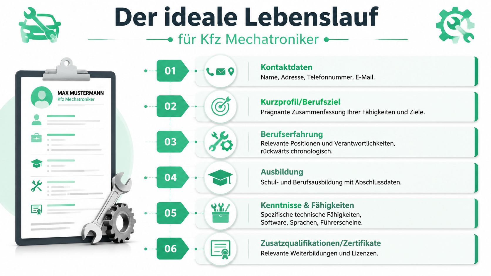 Eine Infografik mit sechs Schritten für die Erstellung eines idealen Lebenslaufs für Kfz-Mechatroniker in Deutschland.