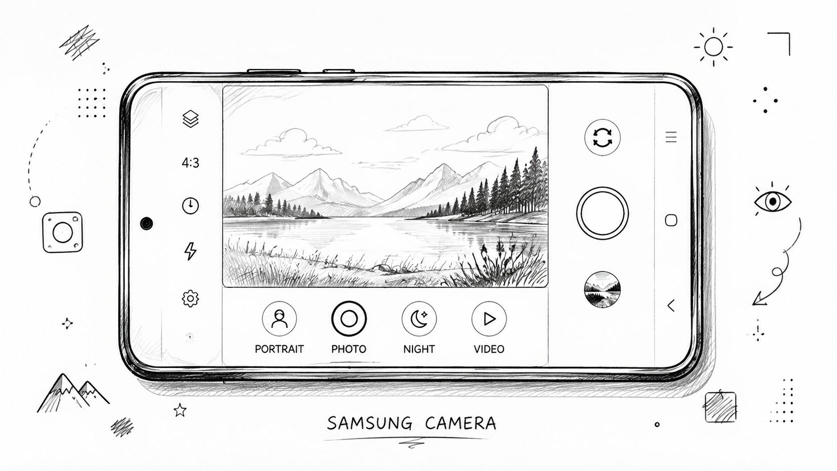 Eine handgezeichnete Skizze der Samsung Kamera-Benutzeroberfläche auf einem Smartphone-Bildschirm mit verschiedenen Aufnahmeoptionen wie Porträt, Foto, Nacht und Video.