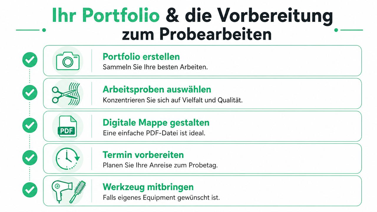 Eine Infografik mit fünf Schritten zur Vorbereitung eines Portfolios und des Probetags für Friseure.