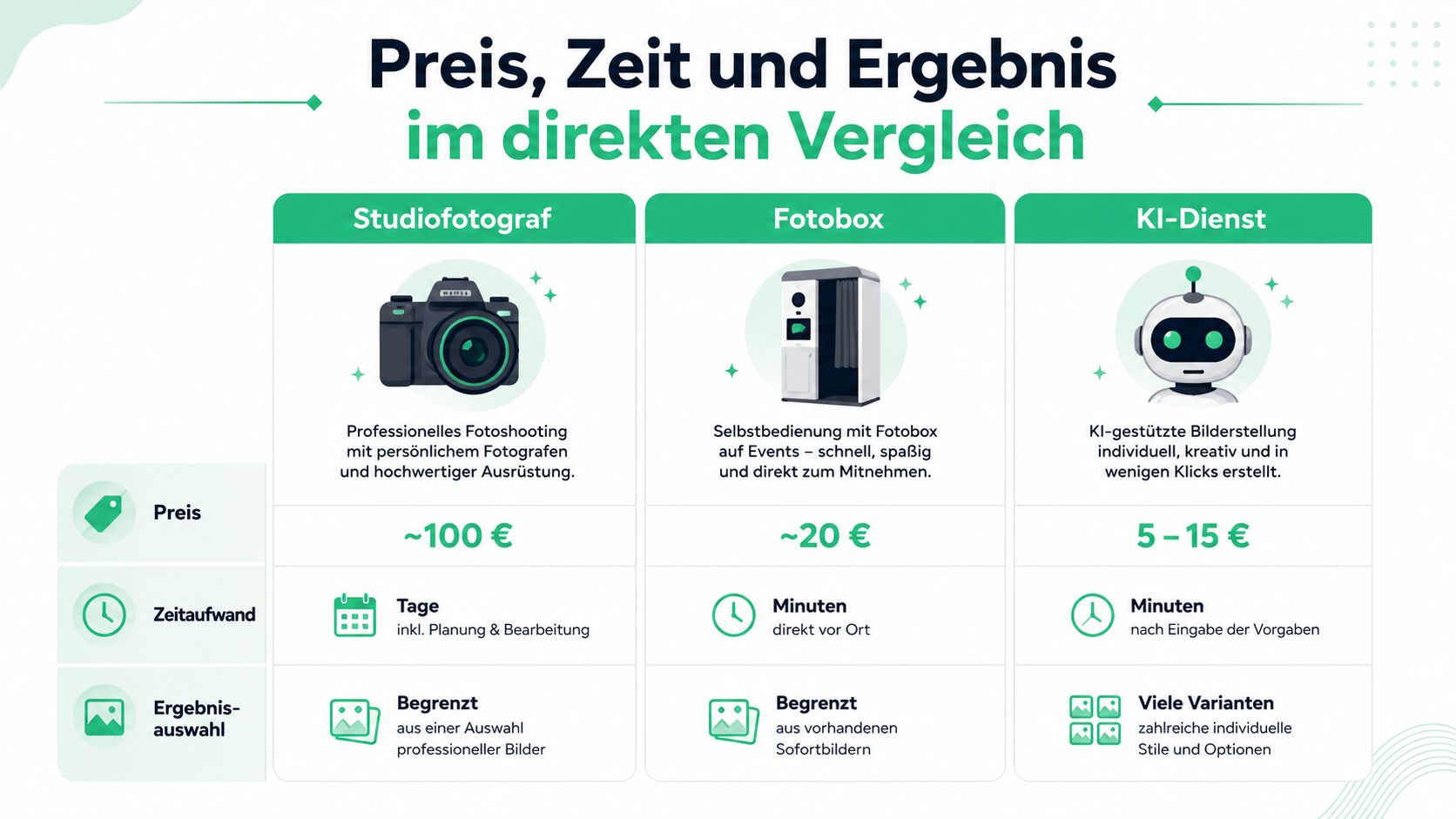 Ein Vergleich der Kosten, Zeit und Ergebnisauswahl zwischen Studiofotograf, Fotobox und KI-Dienst für professionelle Bilder.