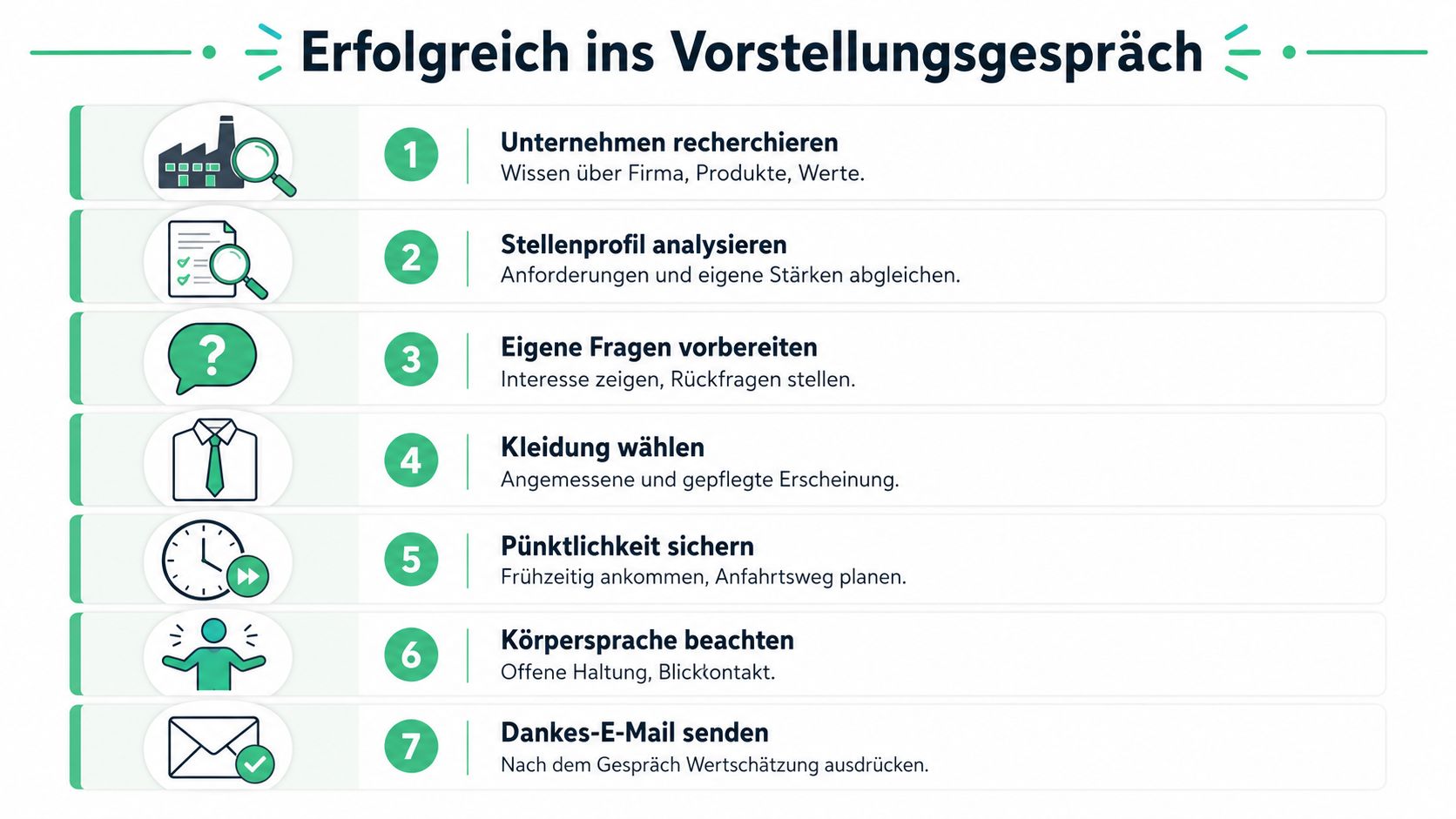 Eine Infografik mit sieben Schritten für eine erfolgreiche Vorbereitung auf ein persönliches Vorstellungsgespräch.