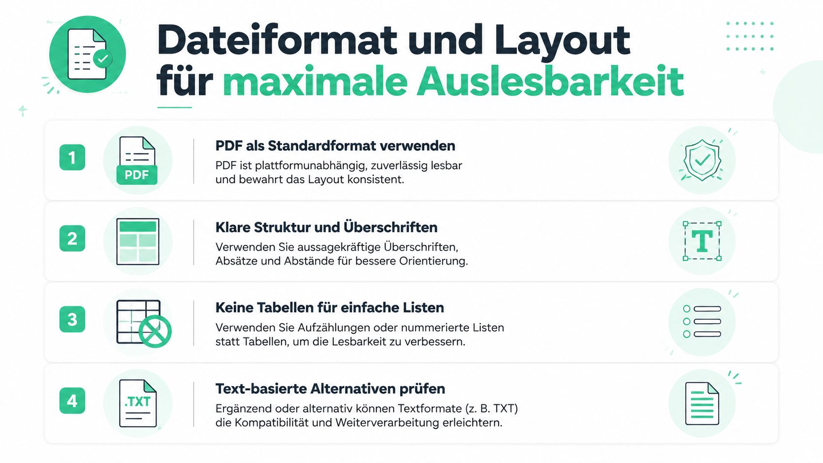 Infografik mit vier Tipps zur Optimierung von Dokumentenformaten und Layouts für eine bessere digitale Lesbarkeit und Auslesbarkeit.