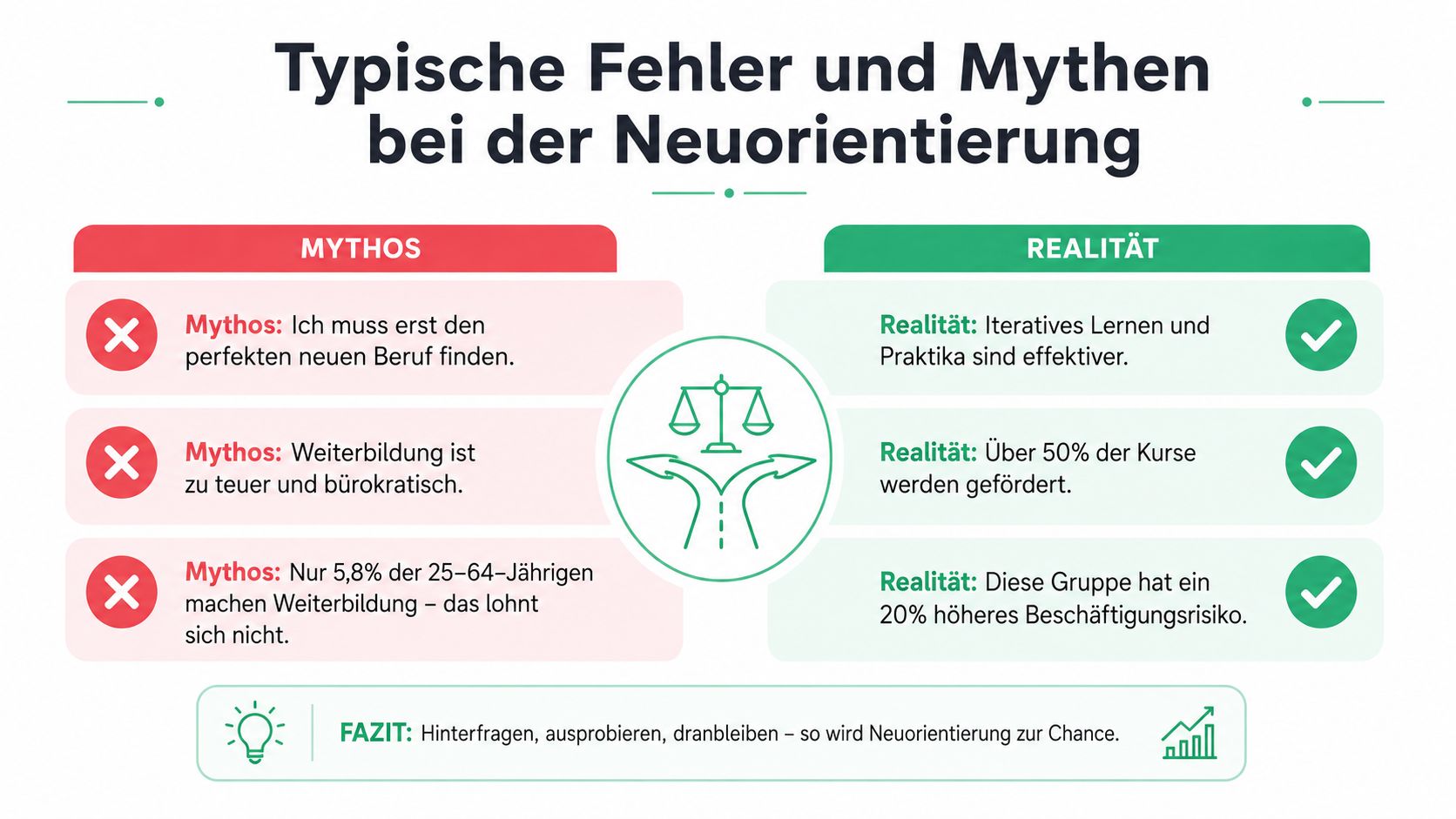Infografik über typische Mythen und die entsprechende Realität bei einer beruflichen Neuorientierung mit einem abschließenden Fazit.