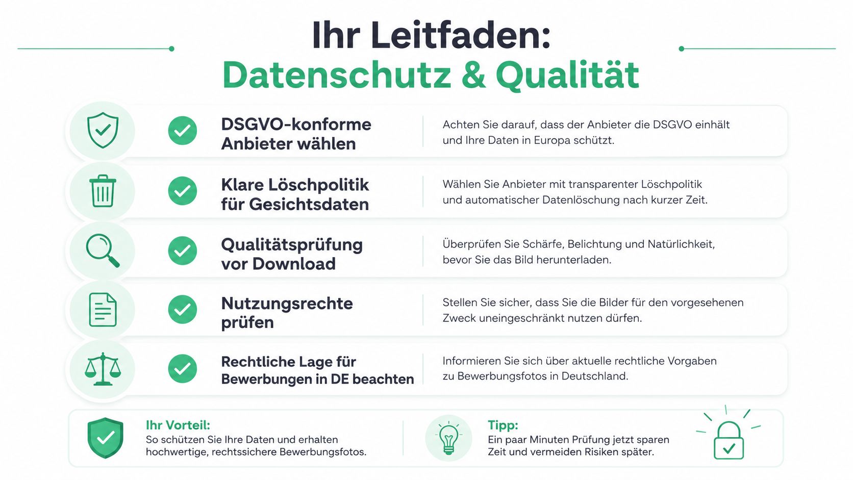 Ein Leitfaden für Datenschutz und Qualität bei der Auswahl von Anbietern für KI-generierte Bewerbungsfotos.