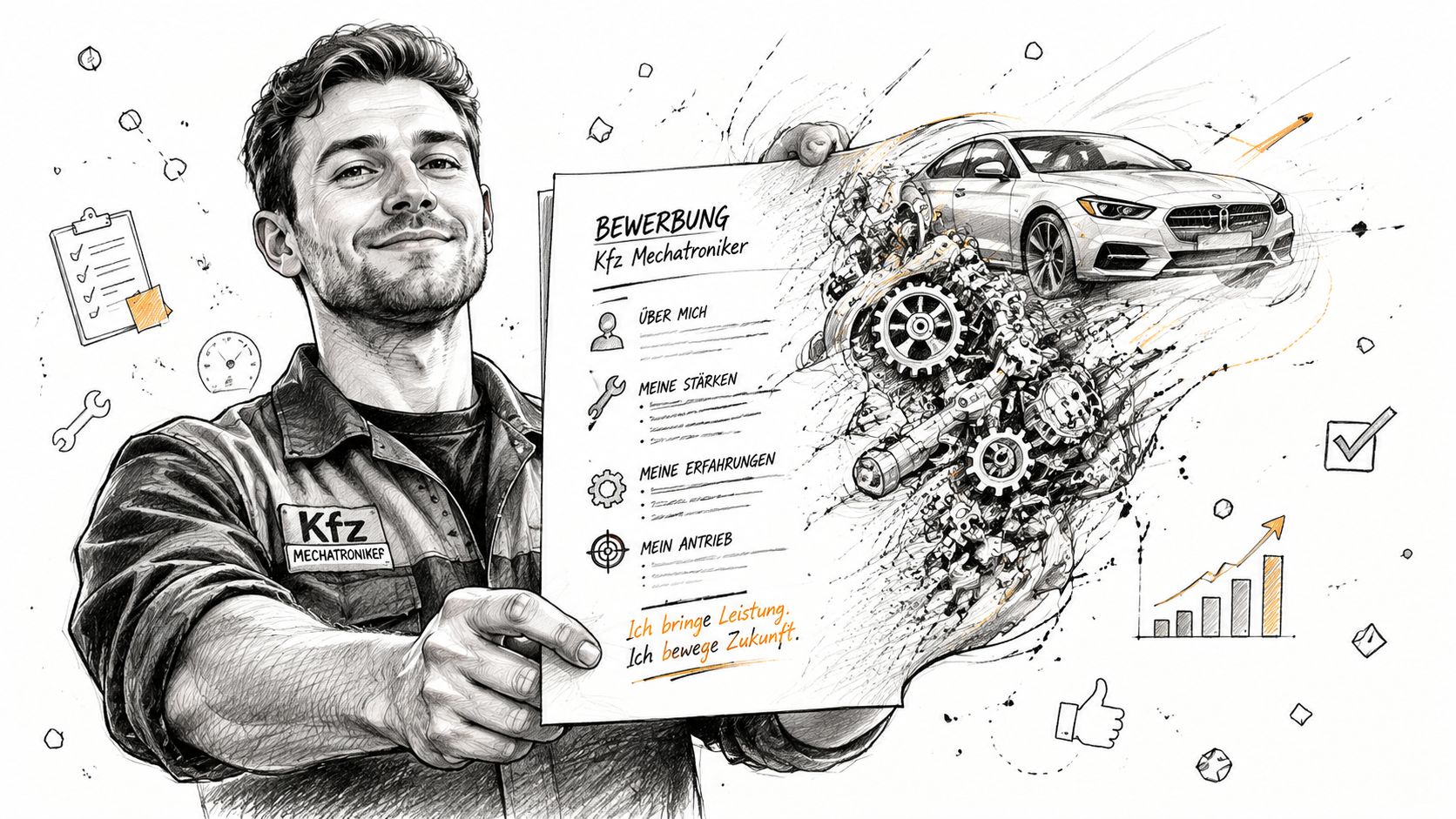 Ein Kfz-Mechatroniker hält stolz eine Bewerbung mit technischen Zeichnungen eines Autos und Zahnrädern in den Händen.