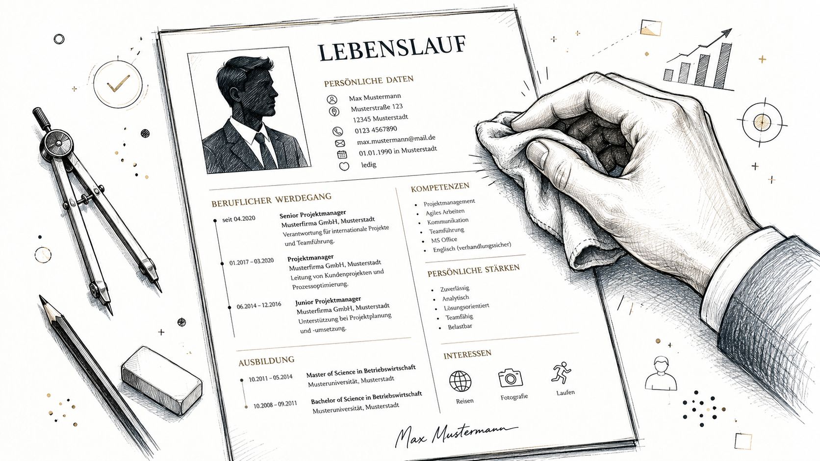 Eine handgezeichnete Illustration eines Lebenslaufs, der von einer Hand mit einem Tuch bearbeitet wird.