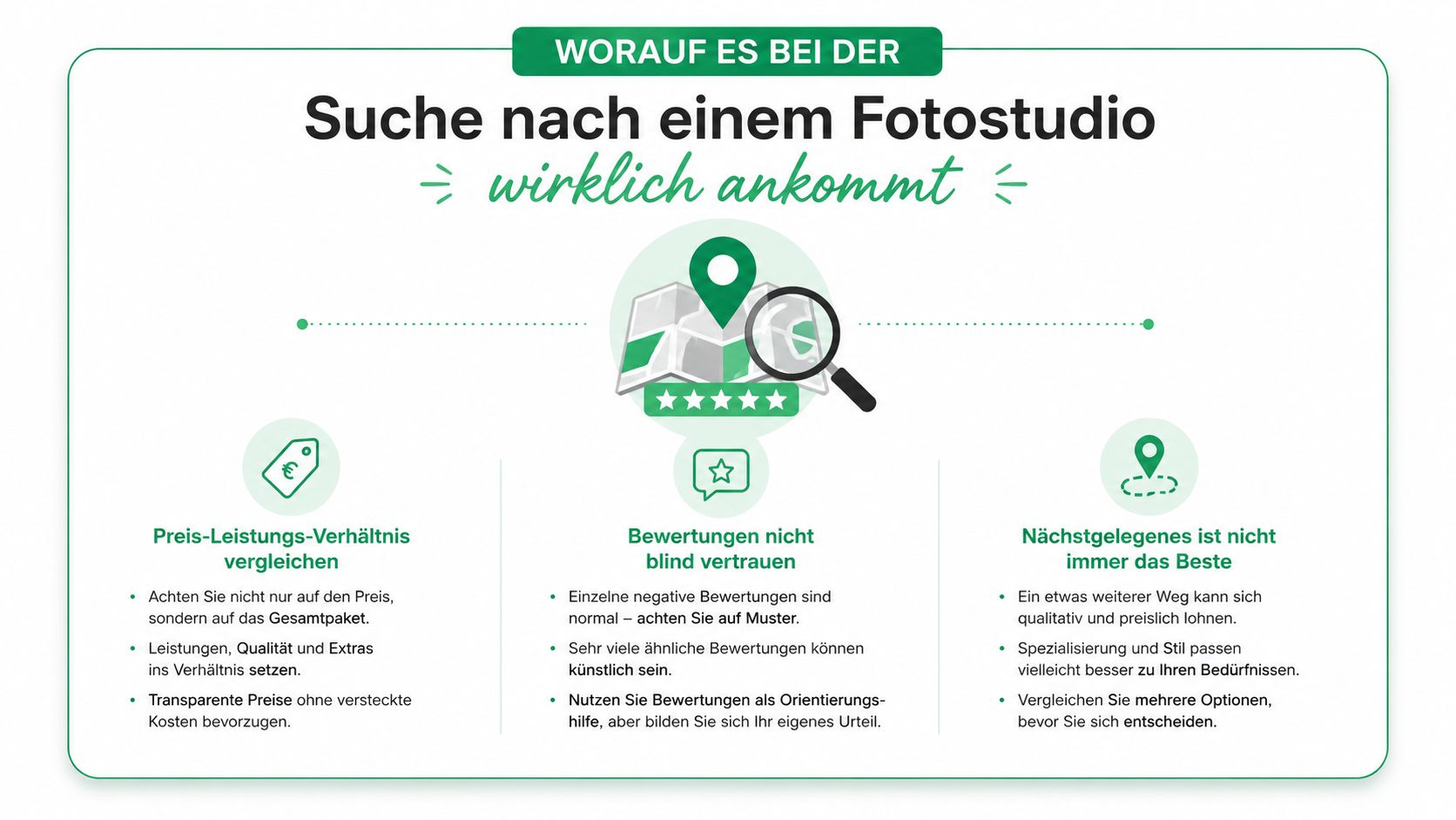 Infografik mit drei wichtigen Tipps für die erfolgreiche Suche nach einem passenden Fotostudio in Ihrer Nähe.