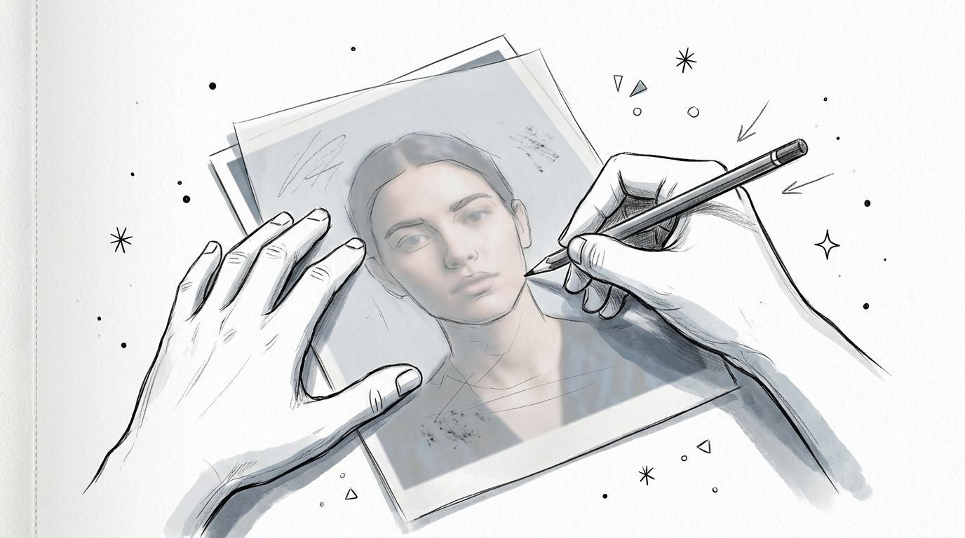 Eine illustrierte Hand zeichnet mit einem Bleistift ein realistisches Porträt einer jungen Frau auf ein Blatt Papier.