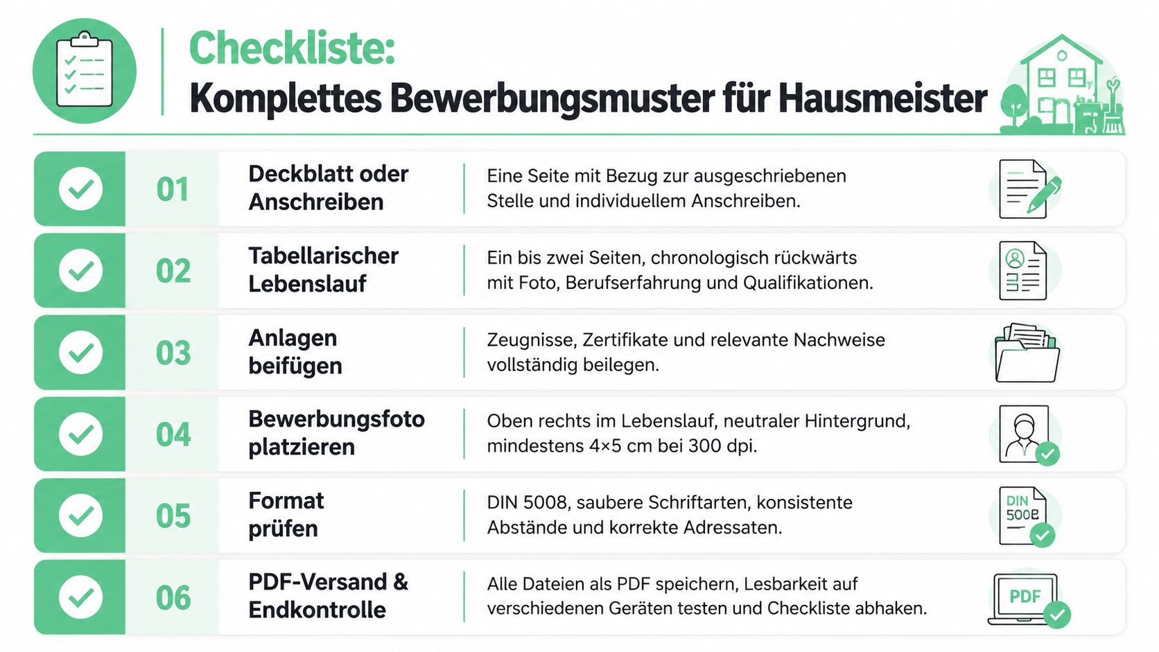 Eine Checkliste für eine Bewerbung als Hausmeister, die wichtige Schritte von Dokumenten bis zum PDF-Versand übersichtlich darstellt.