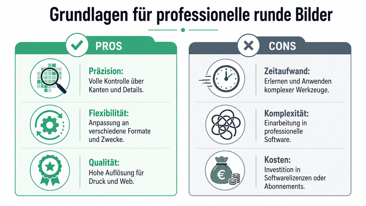 Eine Infografik mit den Vor- und Nachteilen für das professionelle Erstellen runder Bilder am Computer.