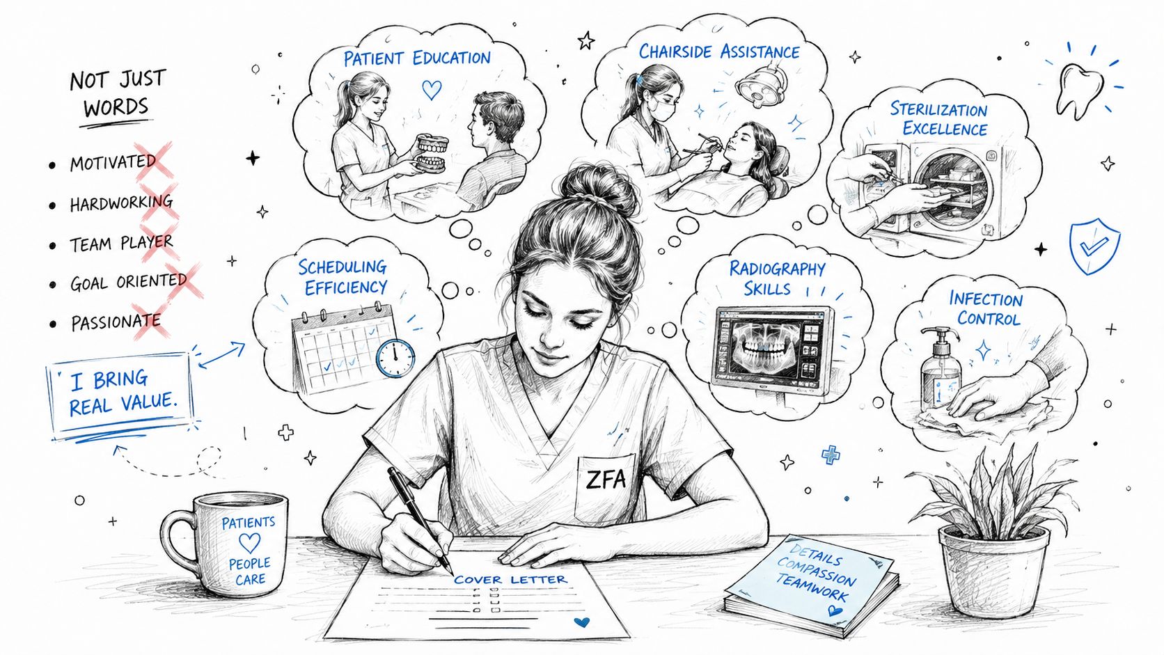 Eine Zahnmedizinische Fachangestellte beim Schreiben eines Bewerbungsschreibens mit verschiedenen Illustrationen ihrer beruflichen Fähigkeiten und Aufgaben.