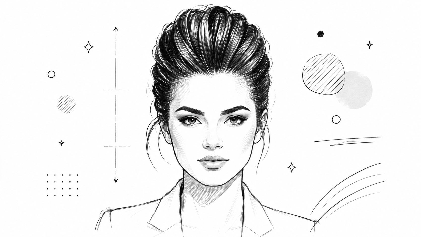 Eine skizzierte Illustration einer Frau mit einer modischen Hochsteckfrisur, passend für ein rundes Gesicht mit dickem Haar.