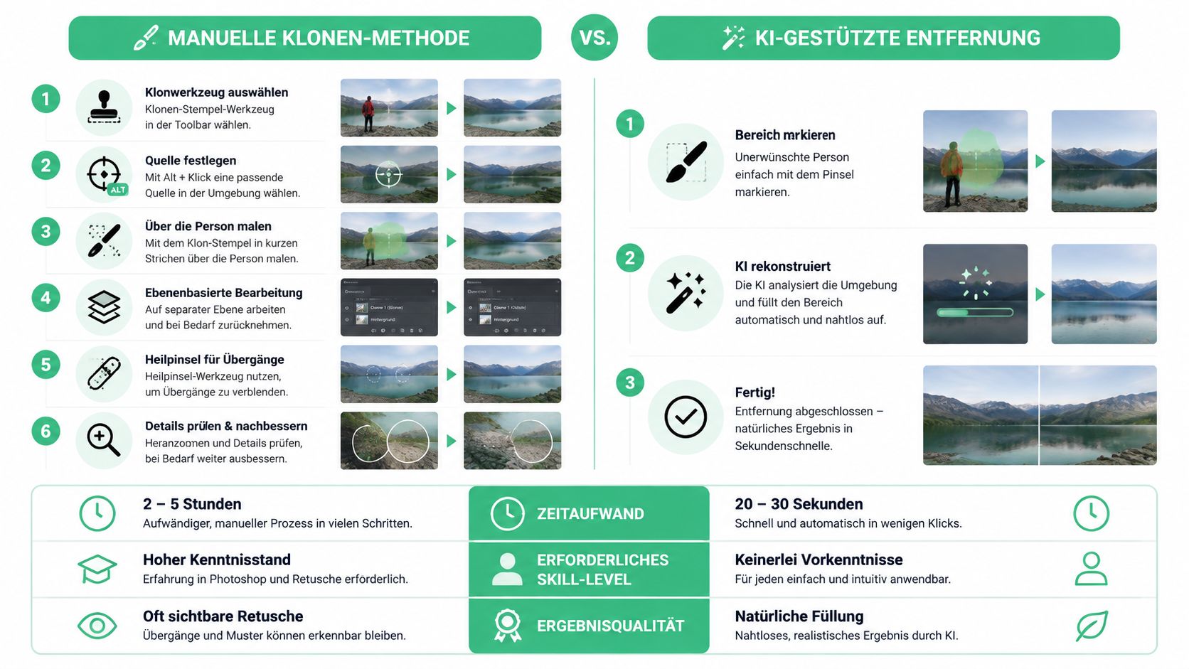 Vergleich zwischen manueller Retusche und KI-gestützter Entfernung von unerwünschten Objekten aus Fotos in sechs Schritten.