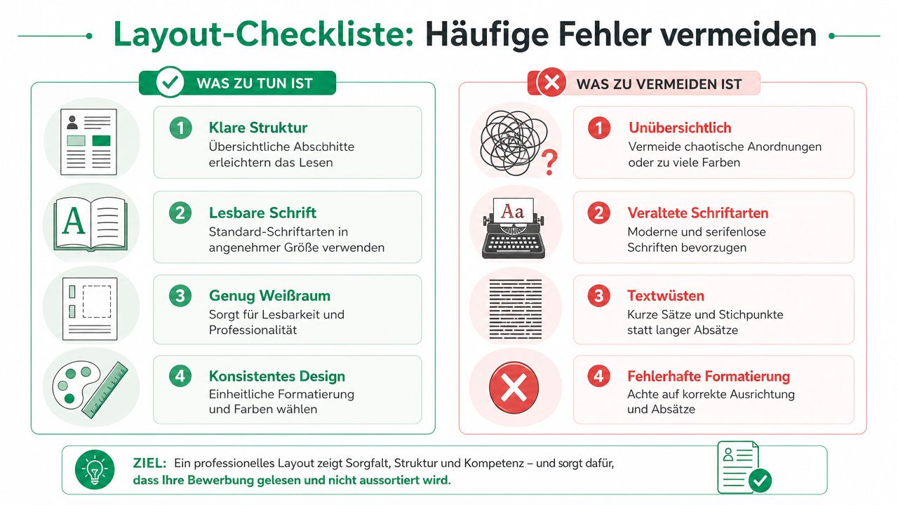 Eine übersichtliche Grafik mit Tipps und Fehlern für das Layout einer professionellen Bewerbung oder eines Lebenslaufs.