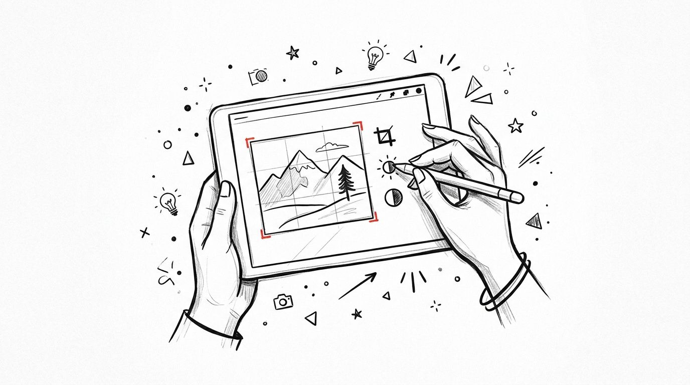 Eine handgezeichnete Illustration, die eine Person zeigt, die auf einem Tablet ein Landschaftsfoto digital bearbeitet.