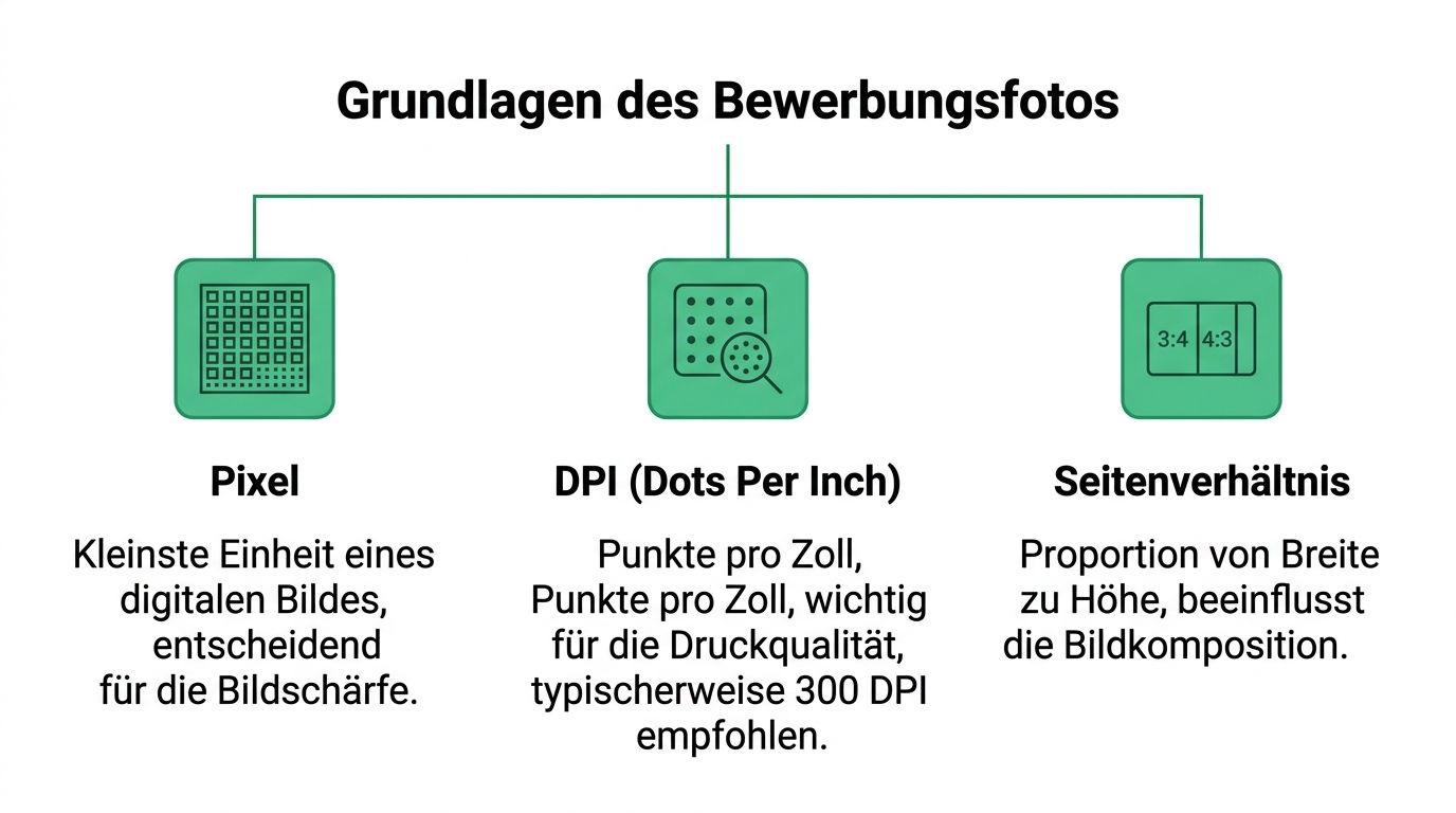 Eine Infografik erklärt die Grundlagen für Bewerbungsfotos mit den Begriffen Pixel, DPI und Seitenverhältnis in deutscher Sprache.