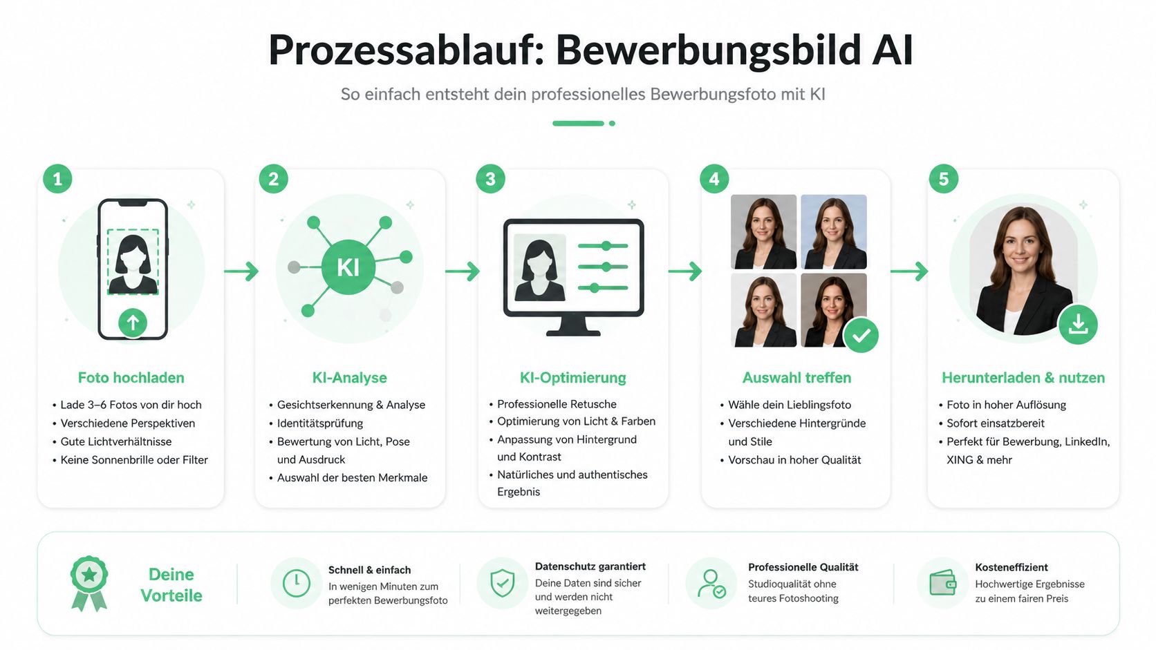 Eine Infografik zeigt den 5-stufigen Prozess zur Erstellung professioneller Bewerbungsfotos mithilfe einer KI-Plattform, vom Upload bis zum Download.