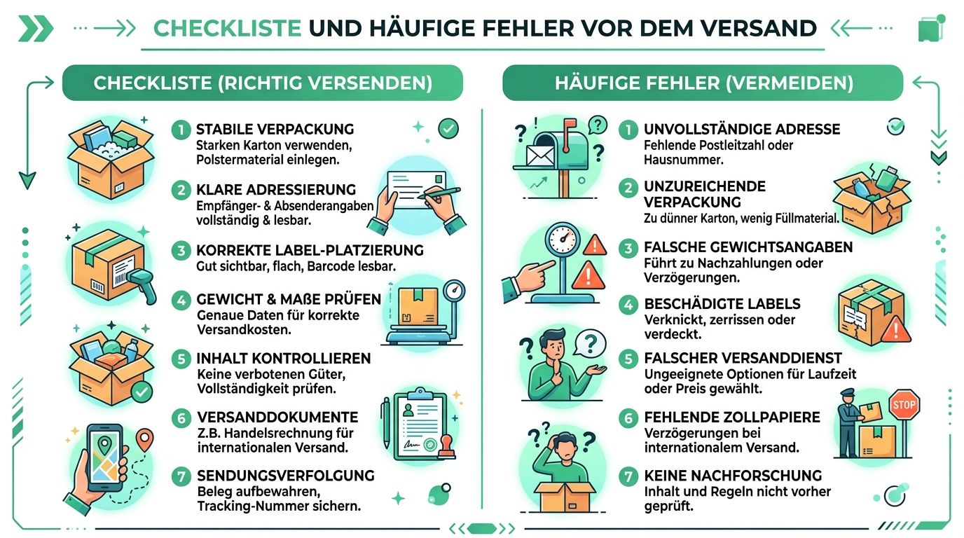 Eine informative Infografik mit einer Checkliste für den richtigen Versand und häufigen Fehlern beim Versenden von Paketen.