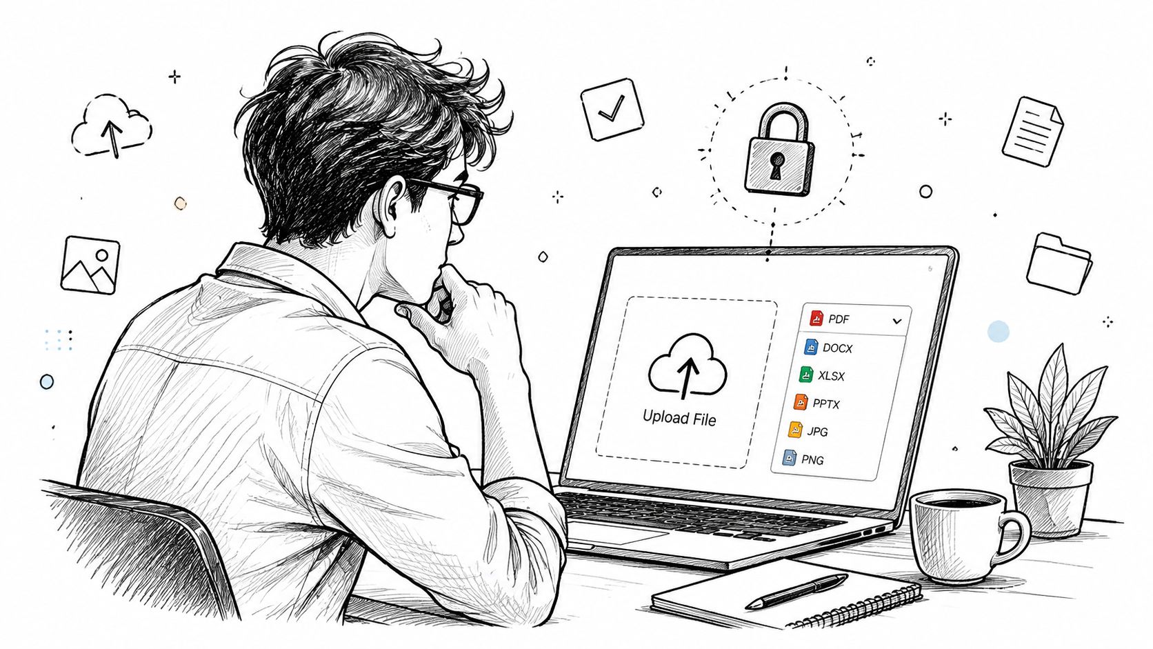Ein junger Mann sitzt am Laptop und lädt sicher Dateien hoch, dargestellt durch ein Schloss-Symbol im Hintergrund.